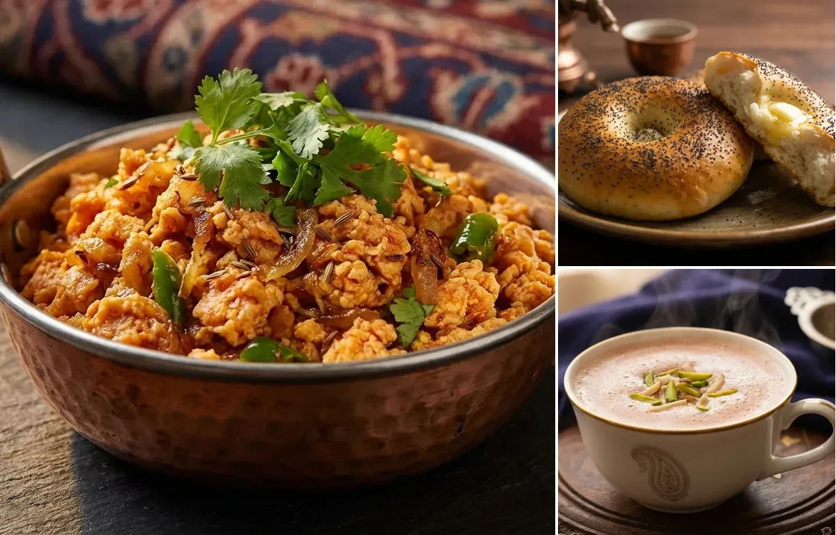 Kashmiri Egg Bhurji with Kashmiri Girda and Noon Chai