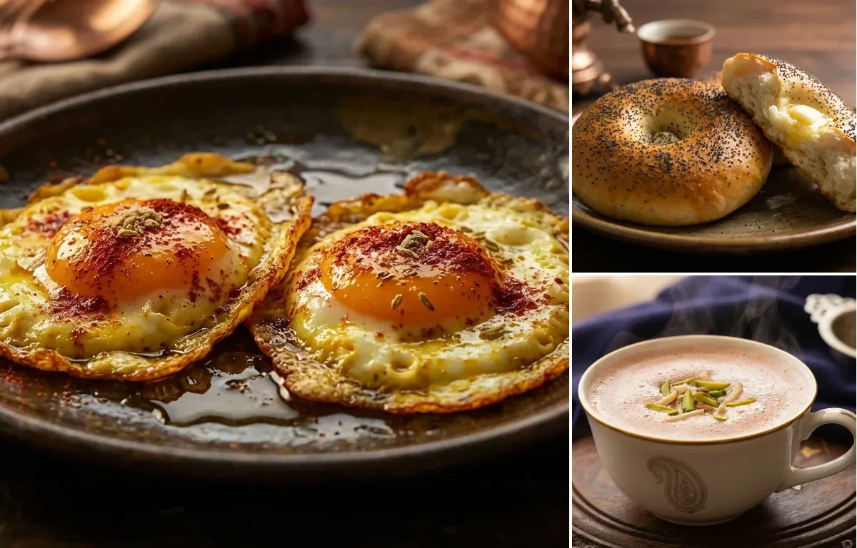 Kashmiri Fried Eggs with Kashmiri Girda and Noon Chai