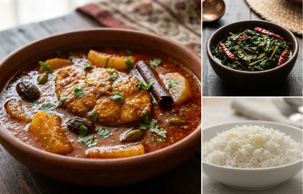 Kashmiri Gaad with Haak Saag and Steamed Basmati Rice