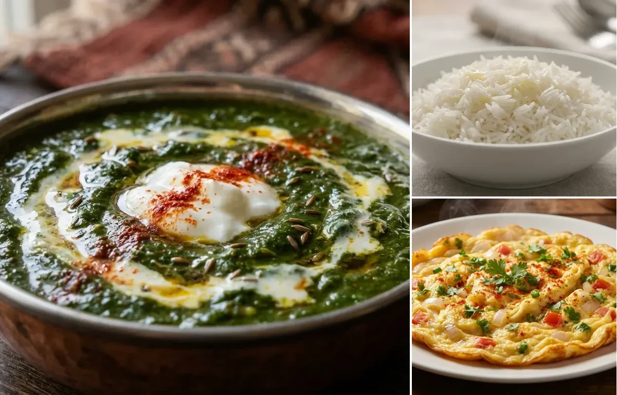 Kashmiri Palak with Steamed Basmati Rice and Masala Omelette
