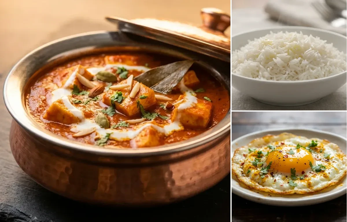 Kashmiri Paneer in Tomato Gravy with Steamed Basmati Rice and Fried Egg