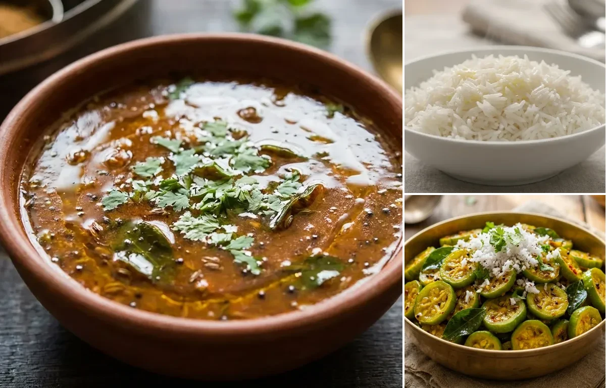 Katachi Amti with Steamed Basmati Rice and Tendli chi Bhaji