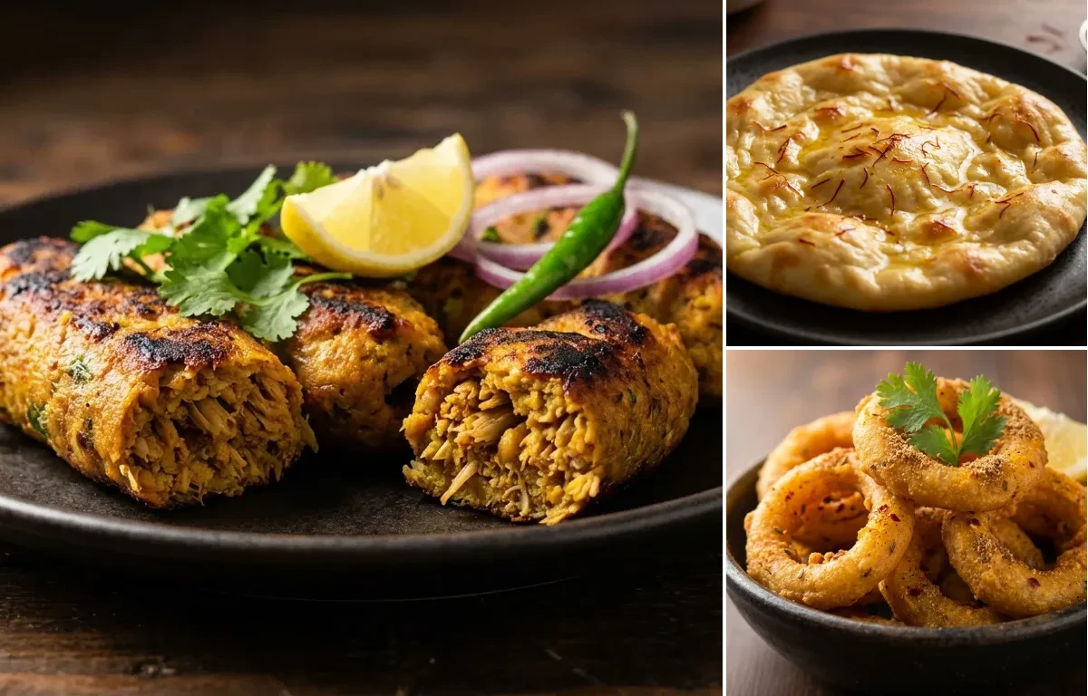 Kathal Kebab with Saffron Sheermal and Indian Onion Rings