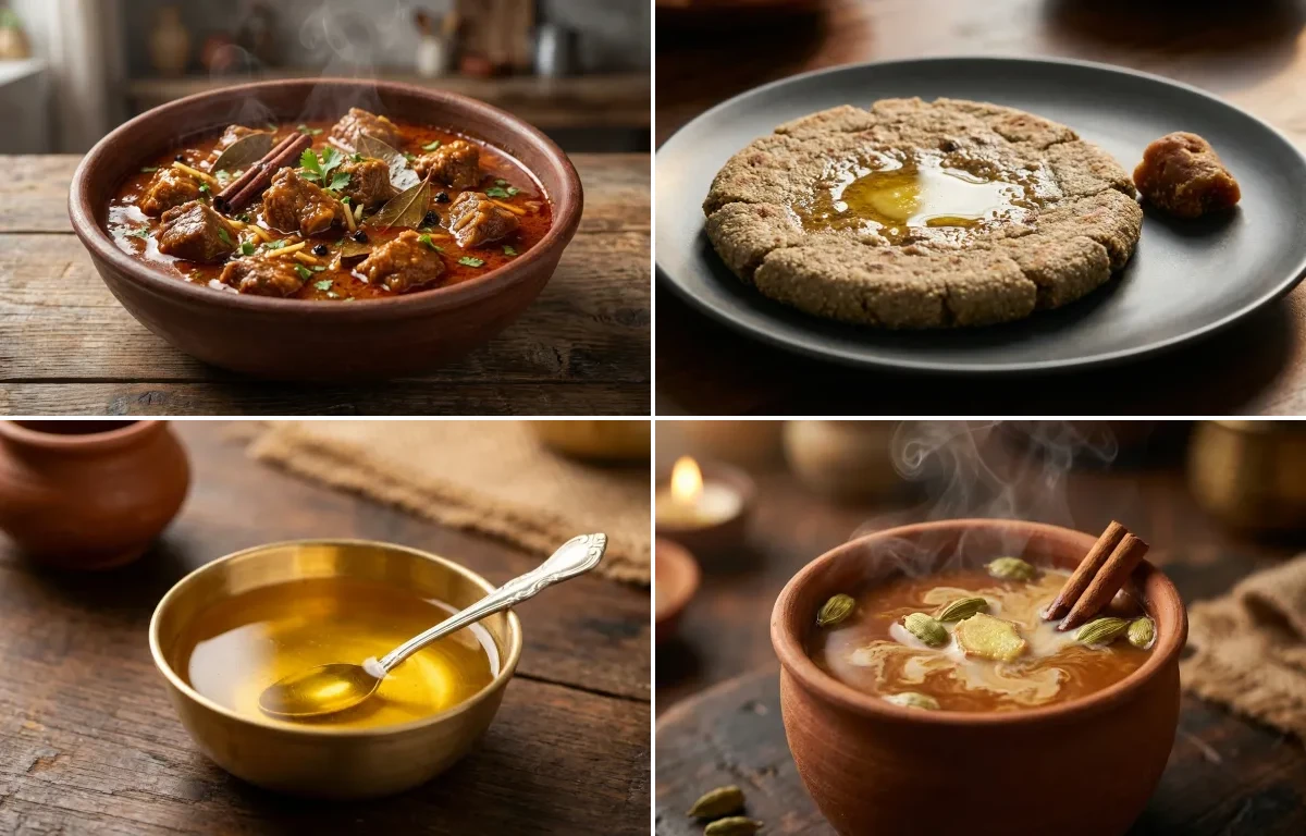Kathiawadi Mutton Curry with Bajra Rotla, Ghee and Gur ki Chai
