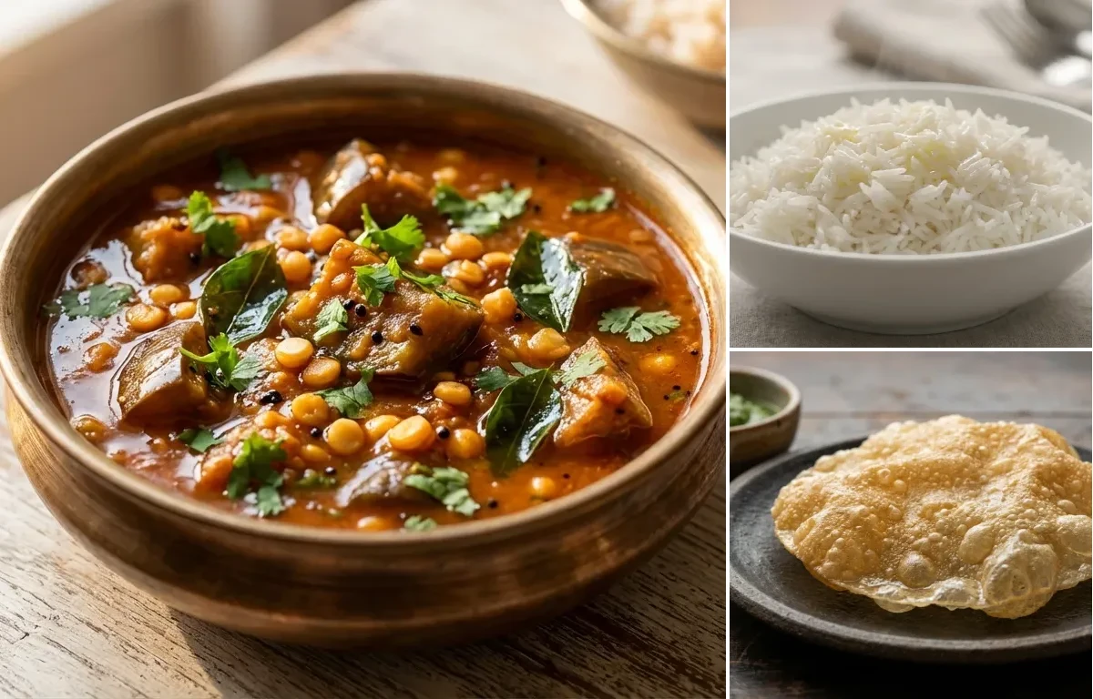Kathirikai Gothsu with Steamed Basmati Rice and Appalam