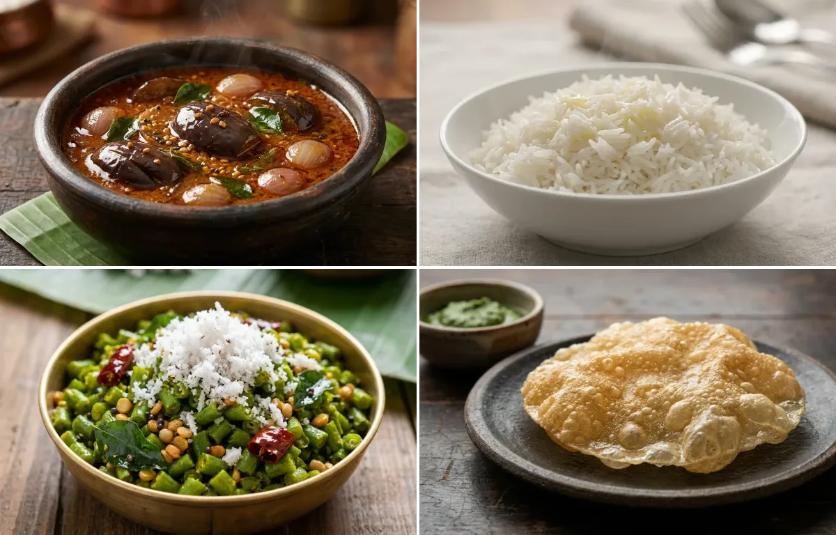 Kathirikai Kara Kuzhambu with Steamed Basmati Rice, Beans Poriyal and Appalam