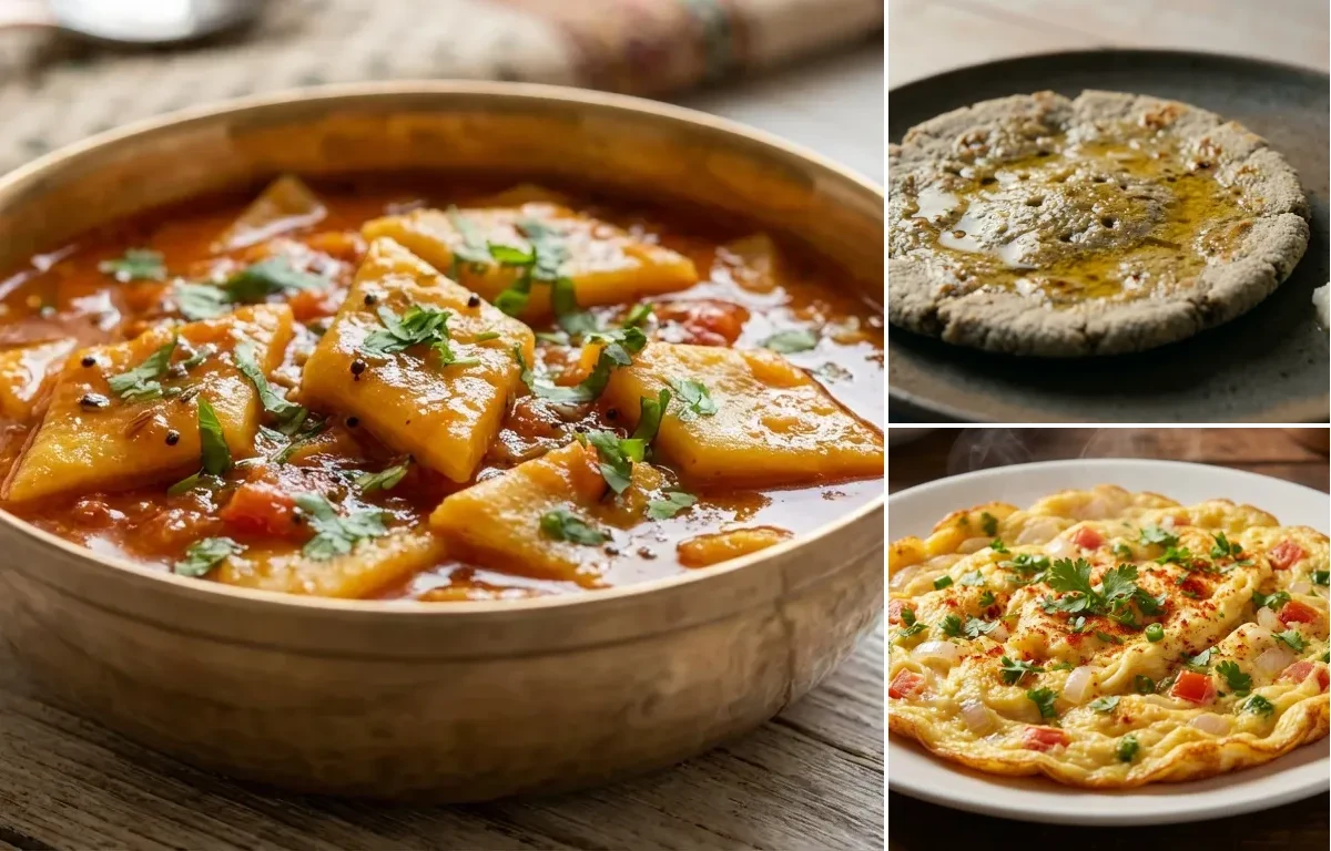 Kathiyawadi Dhokli nu Shaak with Bajra Rotlo and Masala Omelette