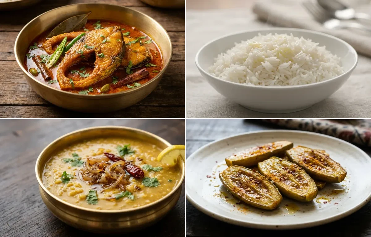 Katla Macher Kalia with Steamed Basmati Rice, Moong Dal Tadka and Potol Bhaja
