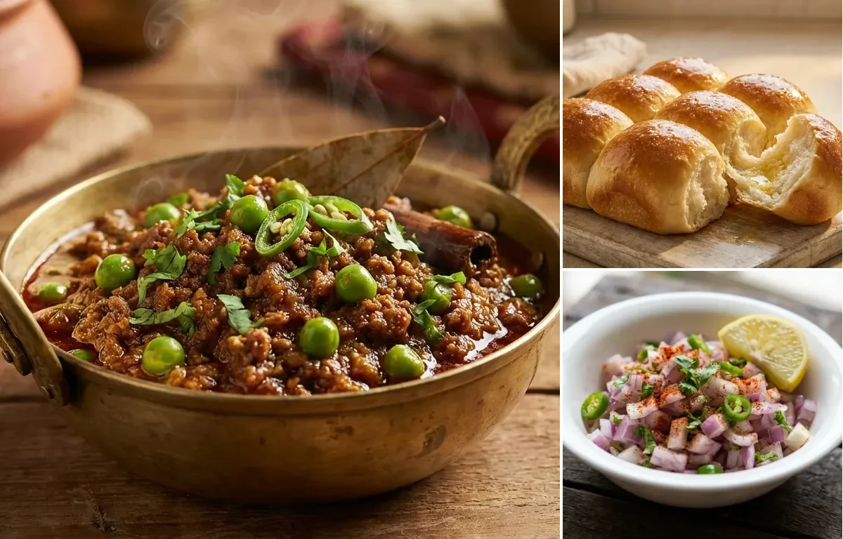 Keema Matar with Ladi Pav and Chopped Onion Salad
