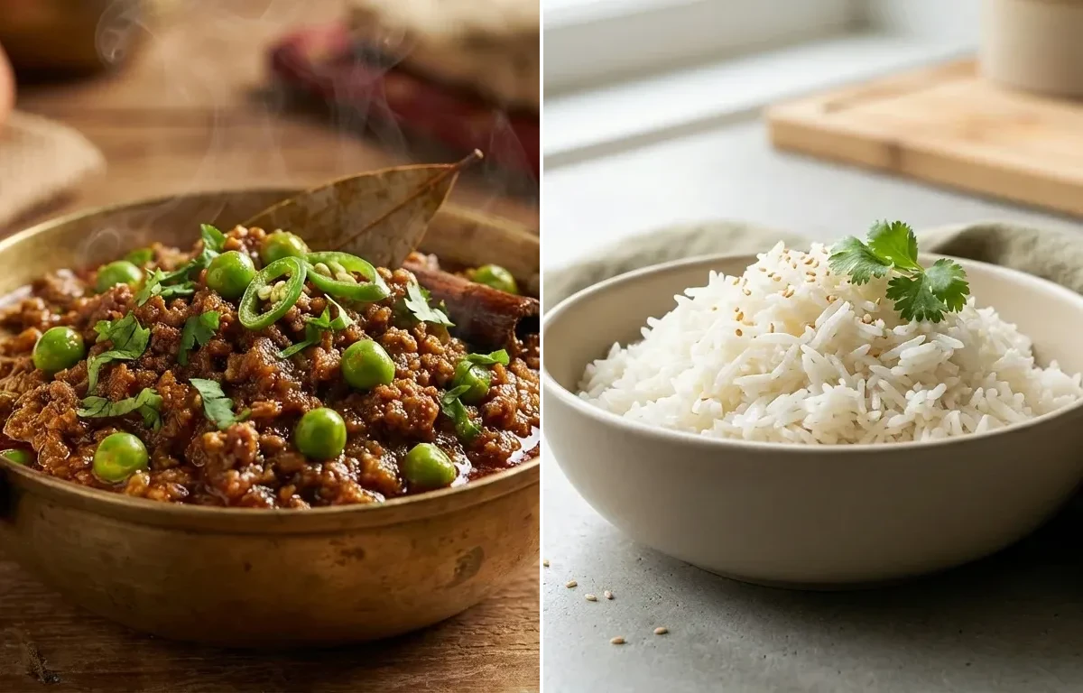 Keema Matar with Cooked White Rice Half Cup and Dhokla Mini Snack