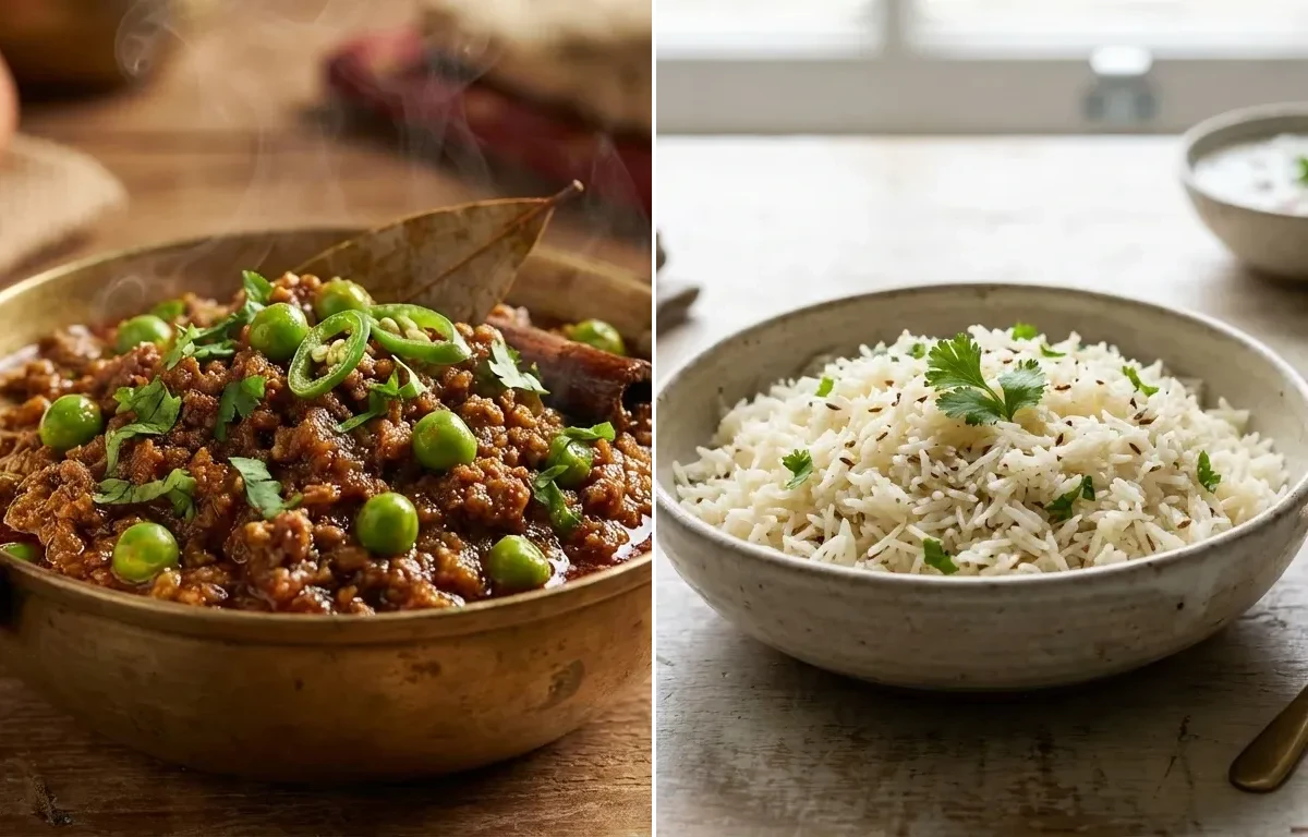 Keema Matar with Jeera Rice and Cucumber Carrot Sticks With Mint Yogurt Dip