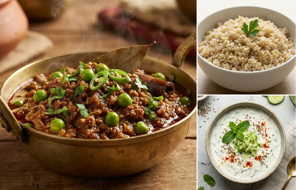 Keema Matar with Steamed Steamed White Rice and Cucumber Mint Raita