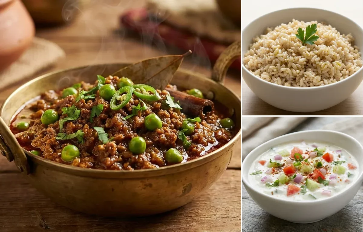 Keema Matar with Steamed Steamed White Rice and Kachumber Raita
