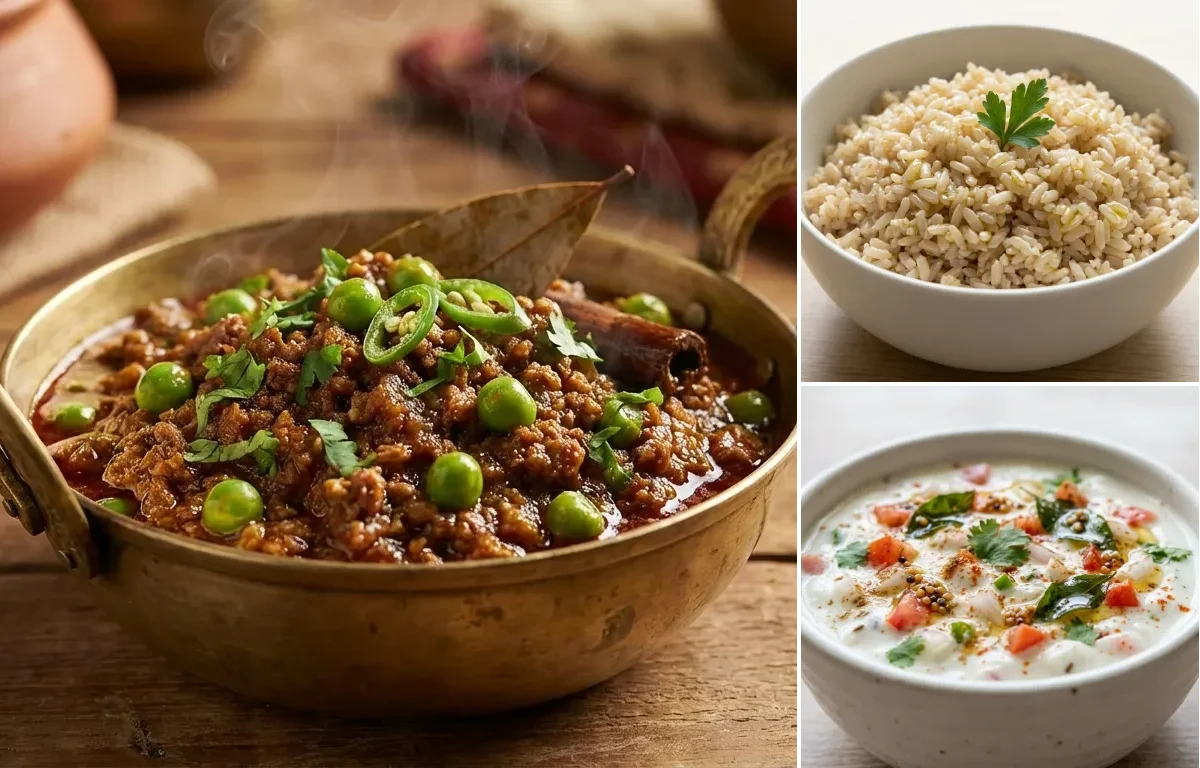 Keema Matar with Steamed Brown Rice and Onion Tomato Raita