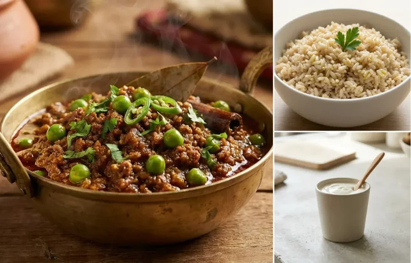 Keema Matar with Steamed Steamed White Rice and Plain Yogurt Cup