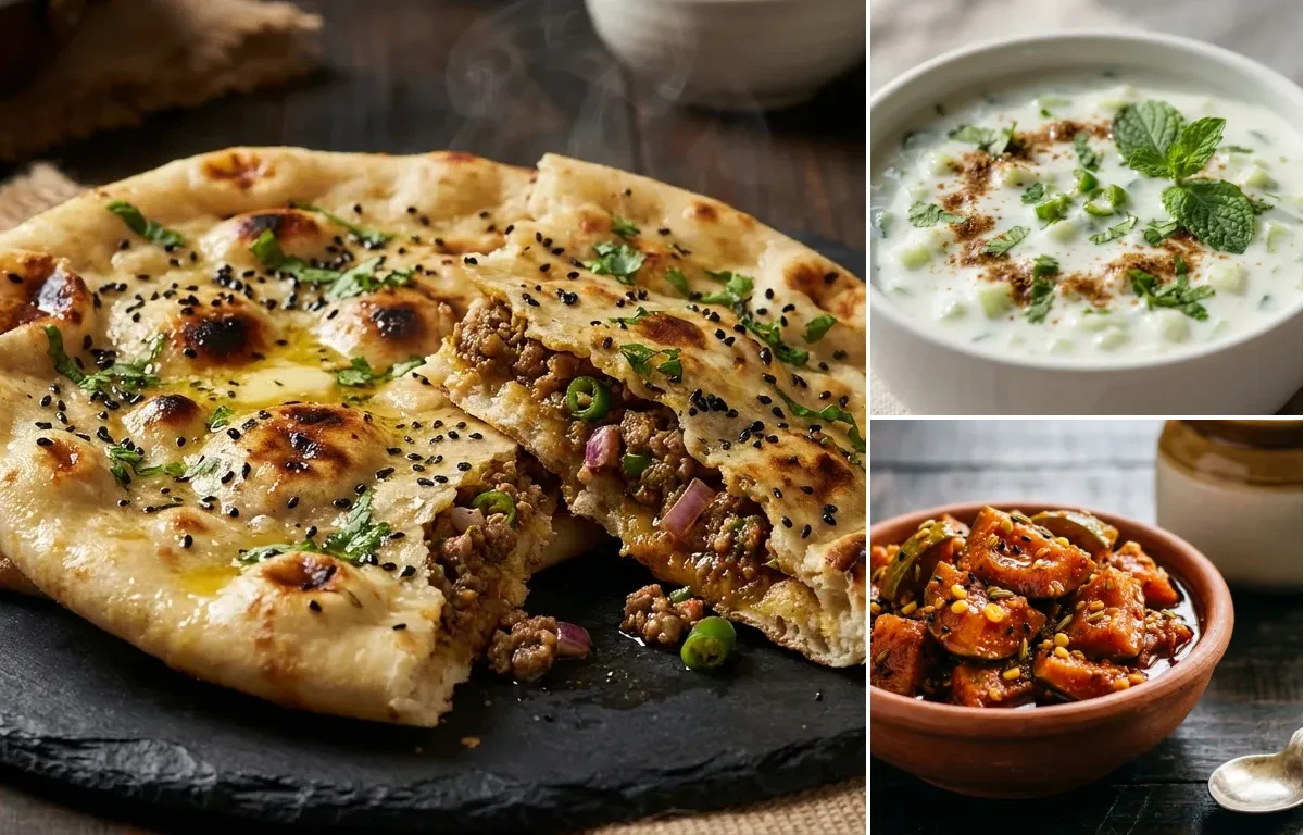 Keema Naan with Cucumber Raita and Mango Pickle