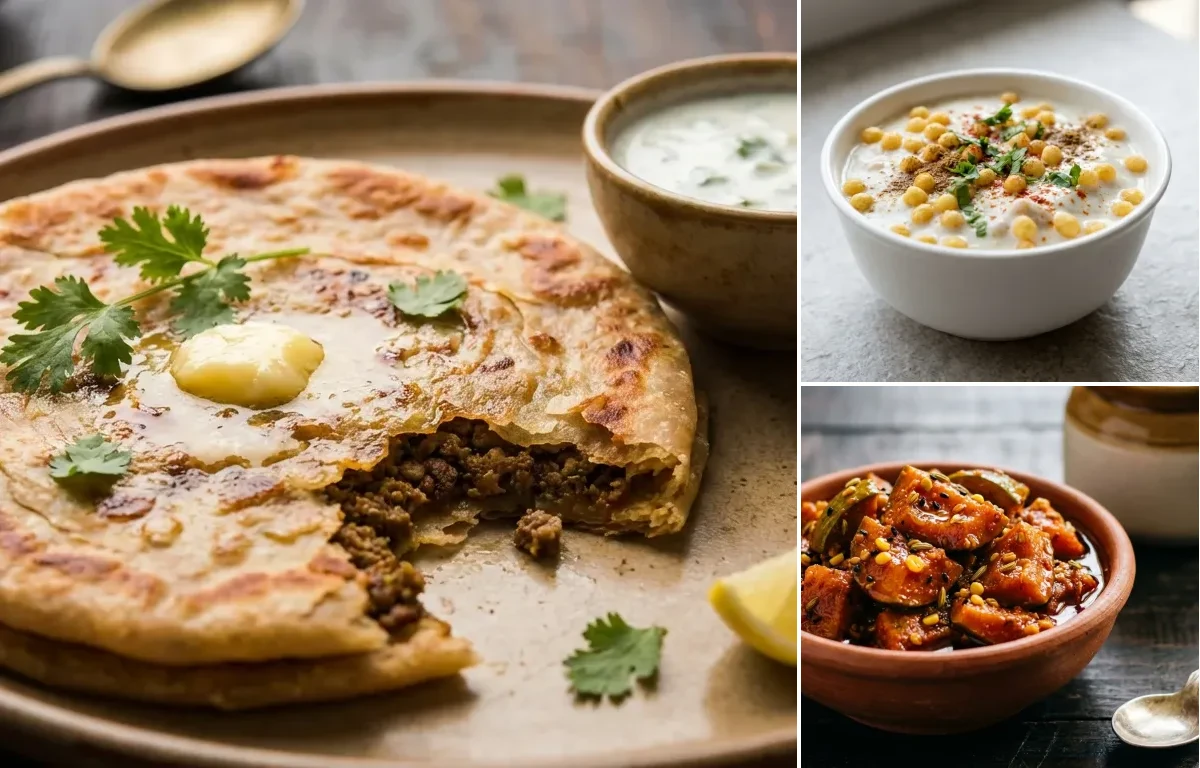 Keema Paratha with Boondi Raita and Mango Pickle