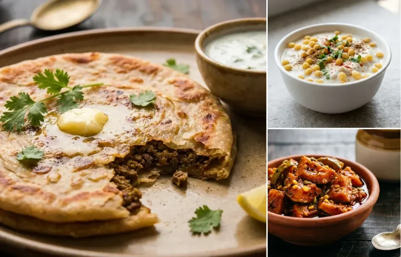 Keema Paratha with Boondi Raita and Mango Pickle