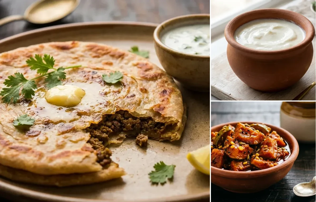 Keema Paratha with Curd and Mango Pickle
