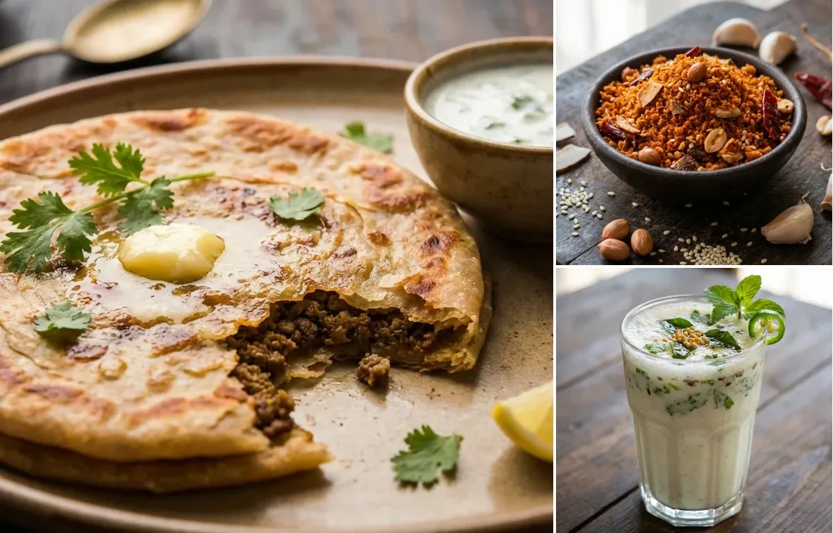 Keema Paratha with Dry Garlic Chutney and Masala Chaas