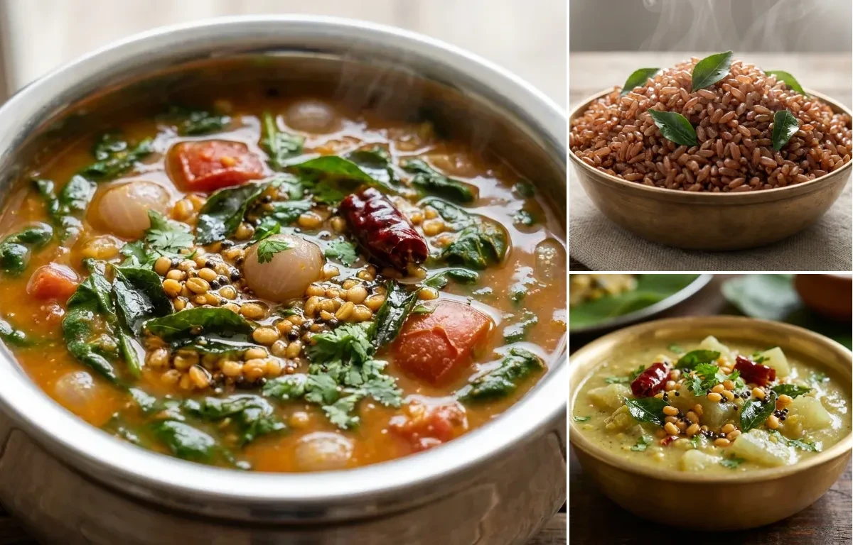 Keerai Sambar with Red Rice and Chow Chow Kootu