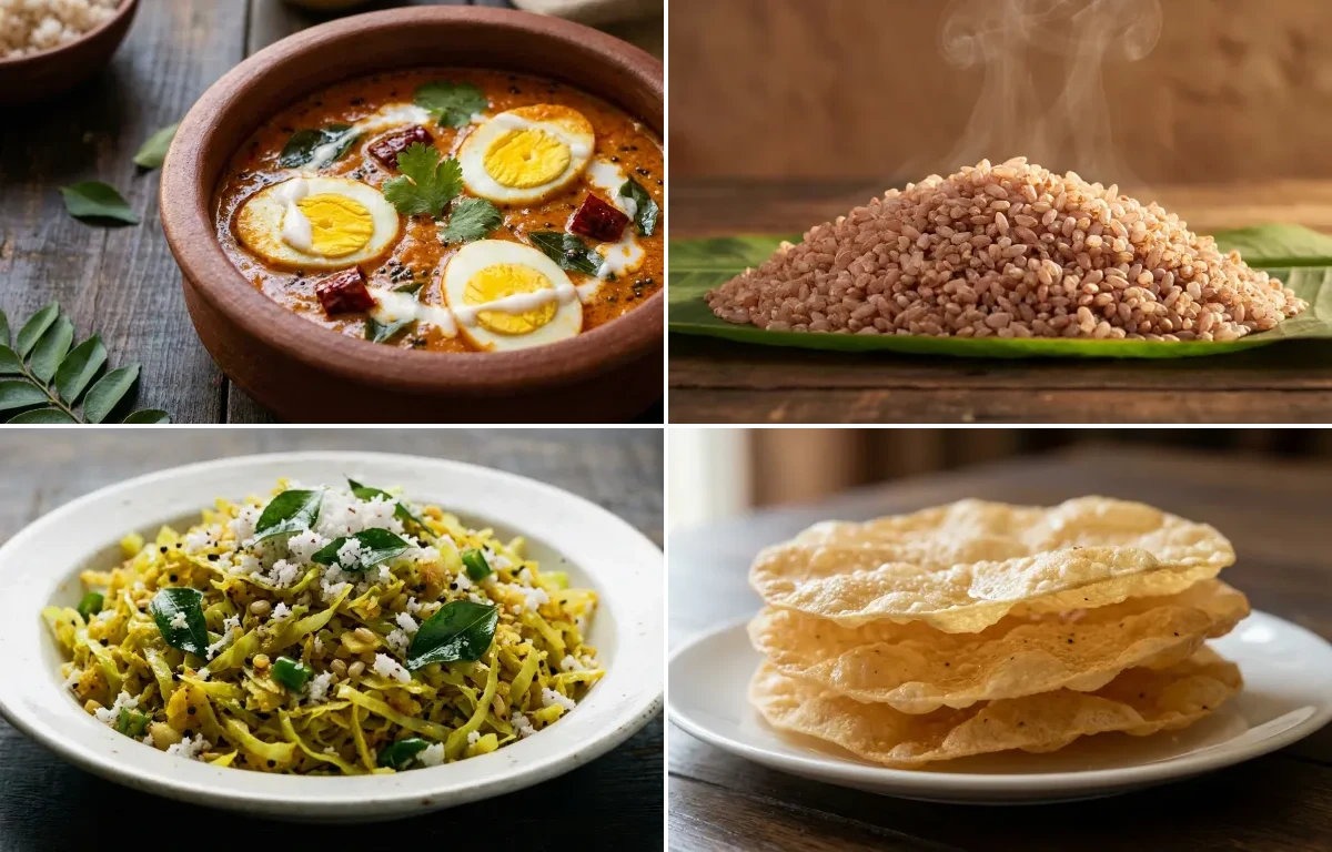Kerala Egg Curry with Matta Rice, Cabbage Thoran and Pappadam
