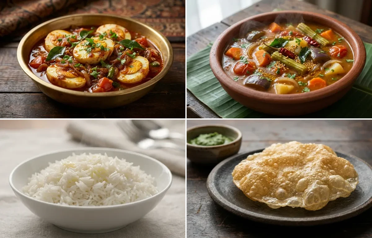 Kerala Egg Roast with Vegetable Sambar, Steamed Basmati Rice and Appalam
