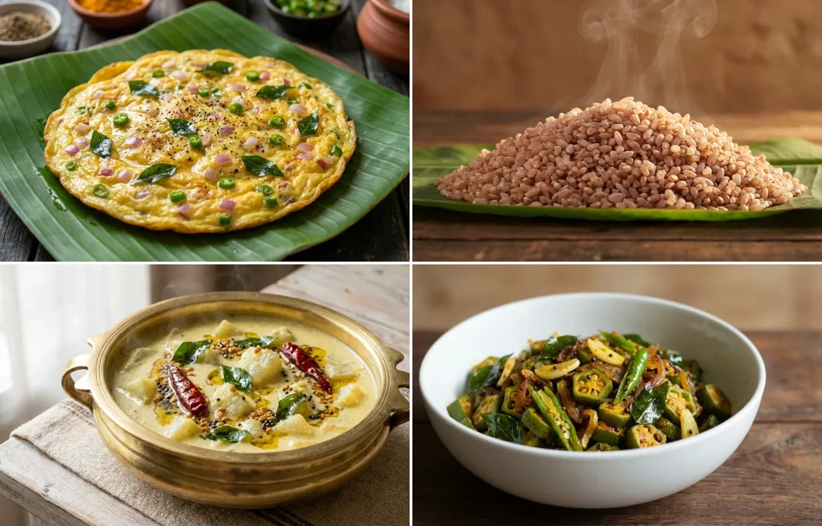 Kerala Omelette with Matta Rice, Kerala Pulissery and Vendakka Mezhukkupuratti