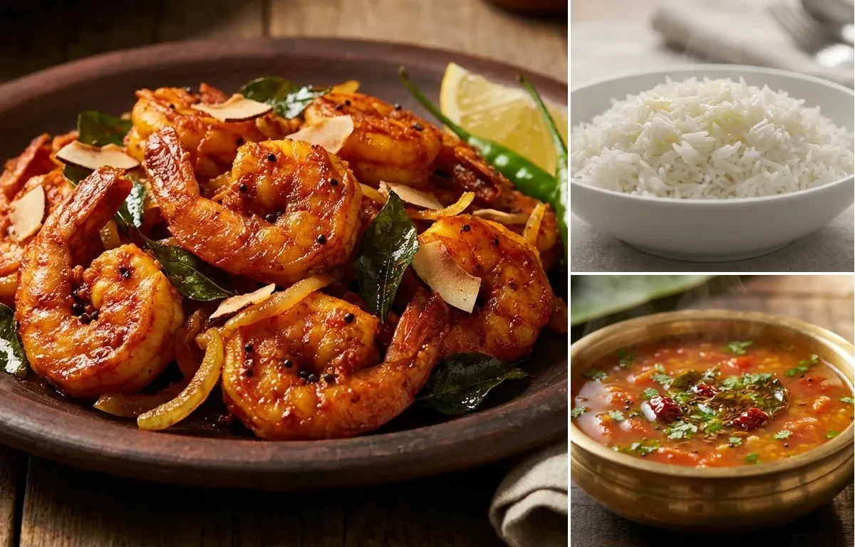Kerala Prawn Fry with Steamed Basmati Rice and Tomato Rasam
