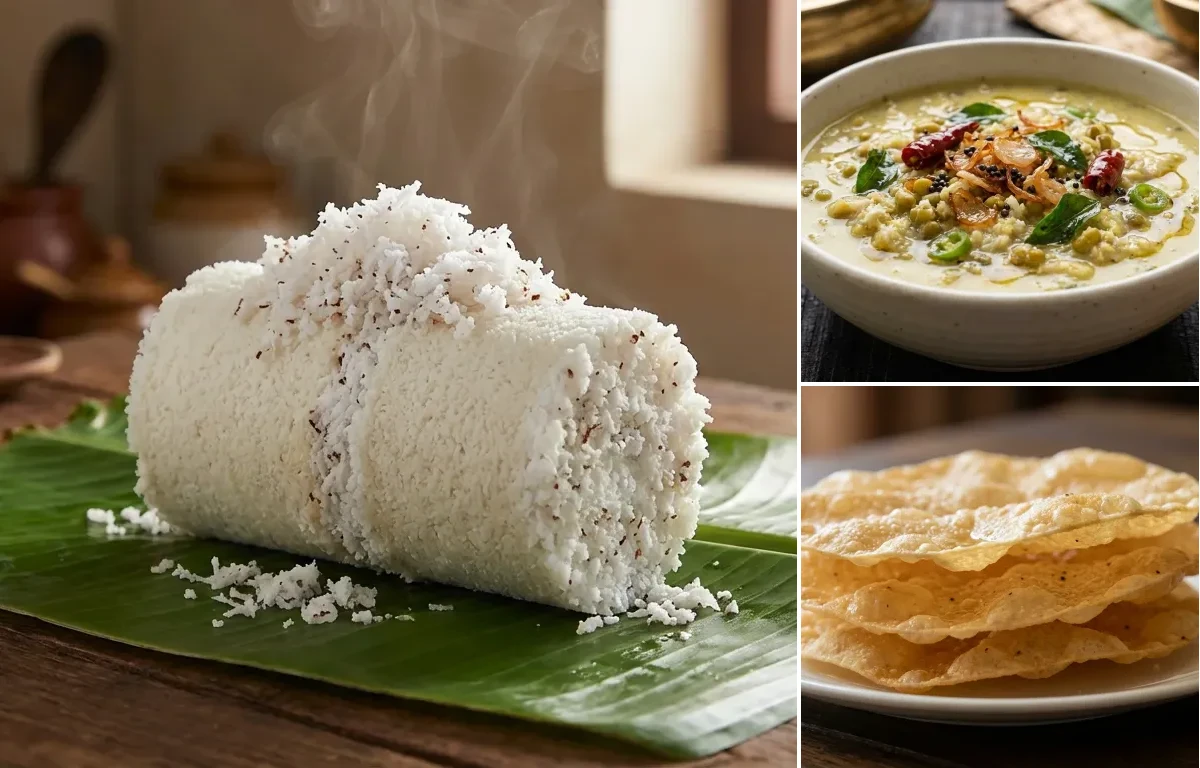 Kerala Puttu with Cherupayar Curry and Pappadam