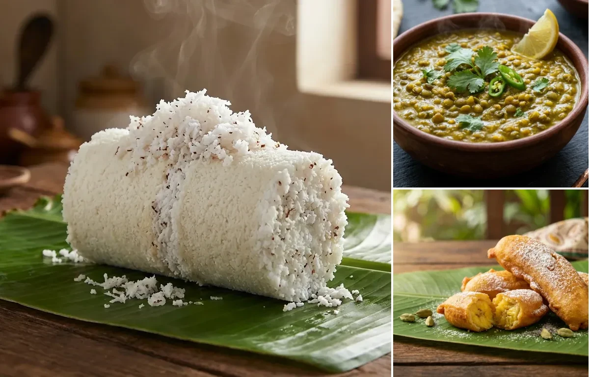 Kerala Puttu with Green Gram Curry and Pazham Pori