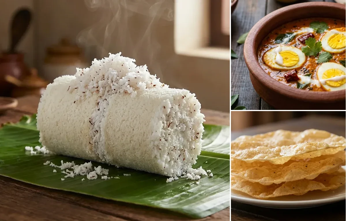 Kerala Puttu with Kerala Egg Curry and Pappadam