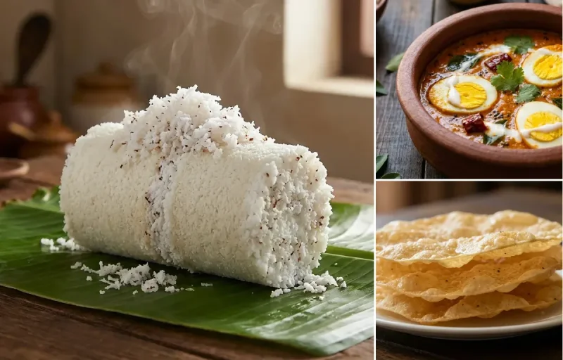 Kerala Puttu with Kerala Egg Curry and Pappadam