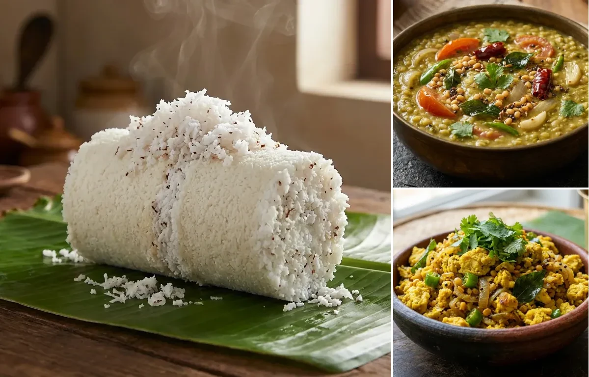 Kerala Puttu with Pasi Payaru Kadaiyal and Muttai Poriyal