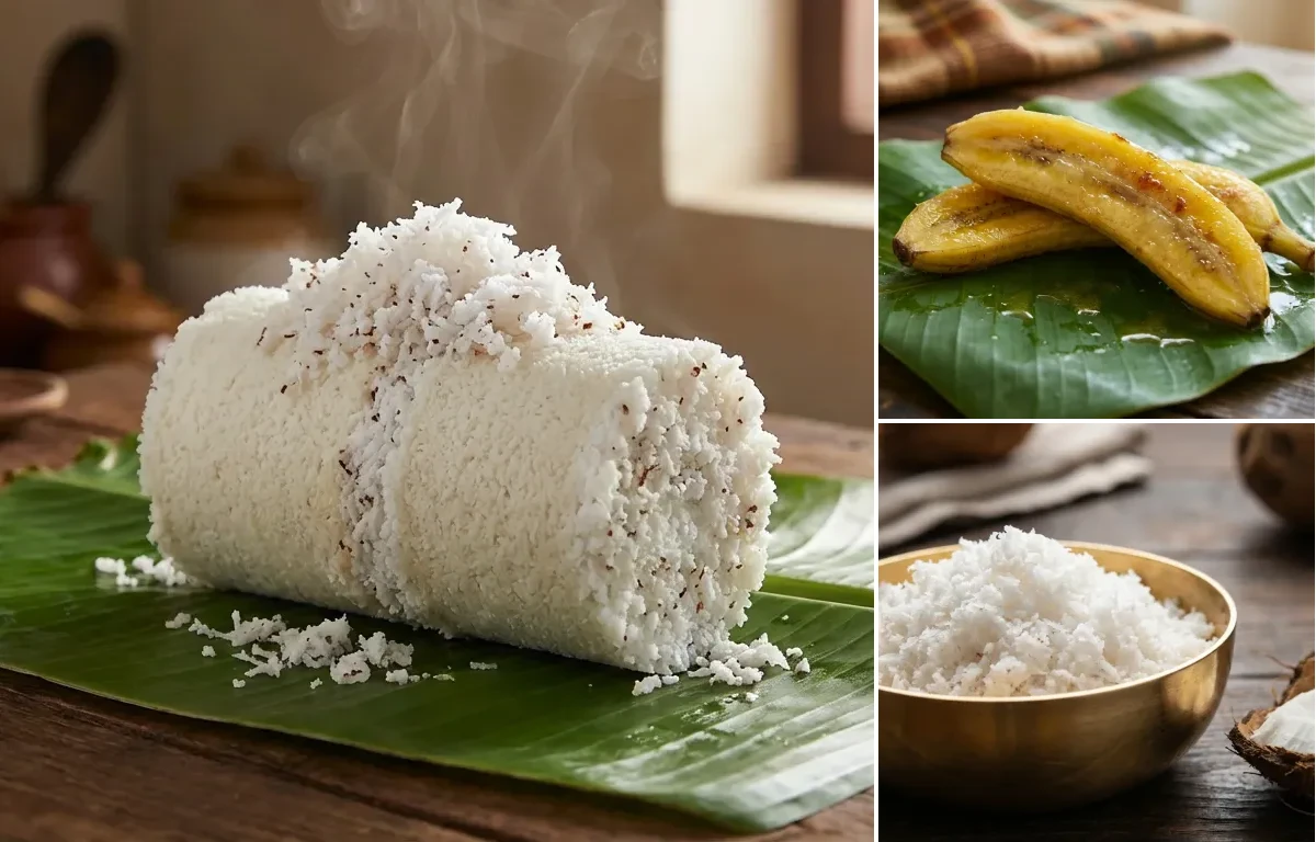Kerala Puttu with Steamed Banana and Grated Coconut