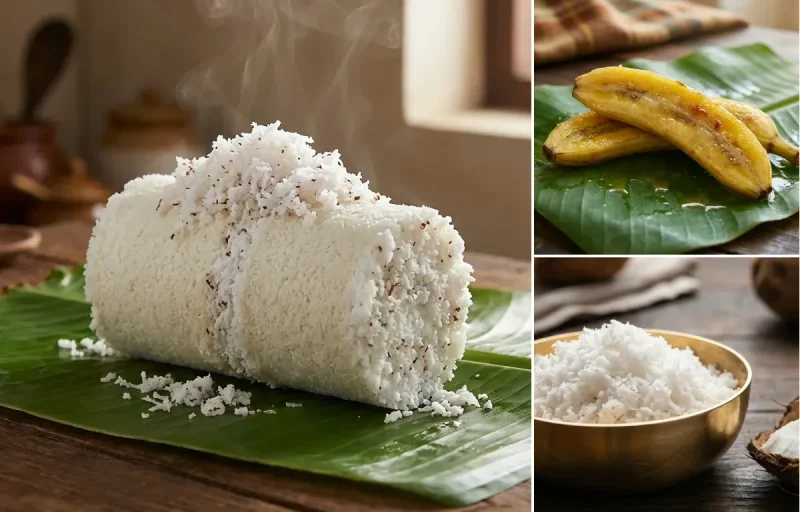 Kerala Puttu with Steamed Banana and Grated Coconut
