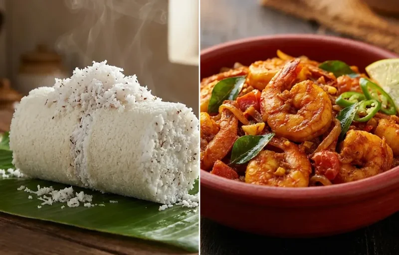 Kerala Puttu with Kerala Prawn Roast