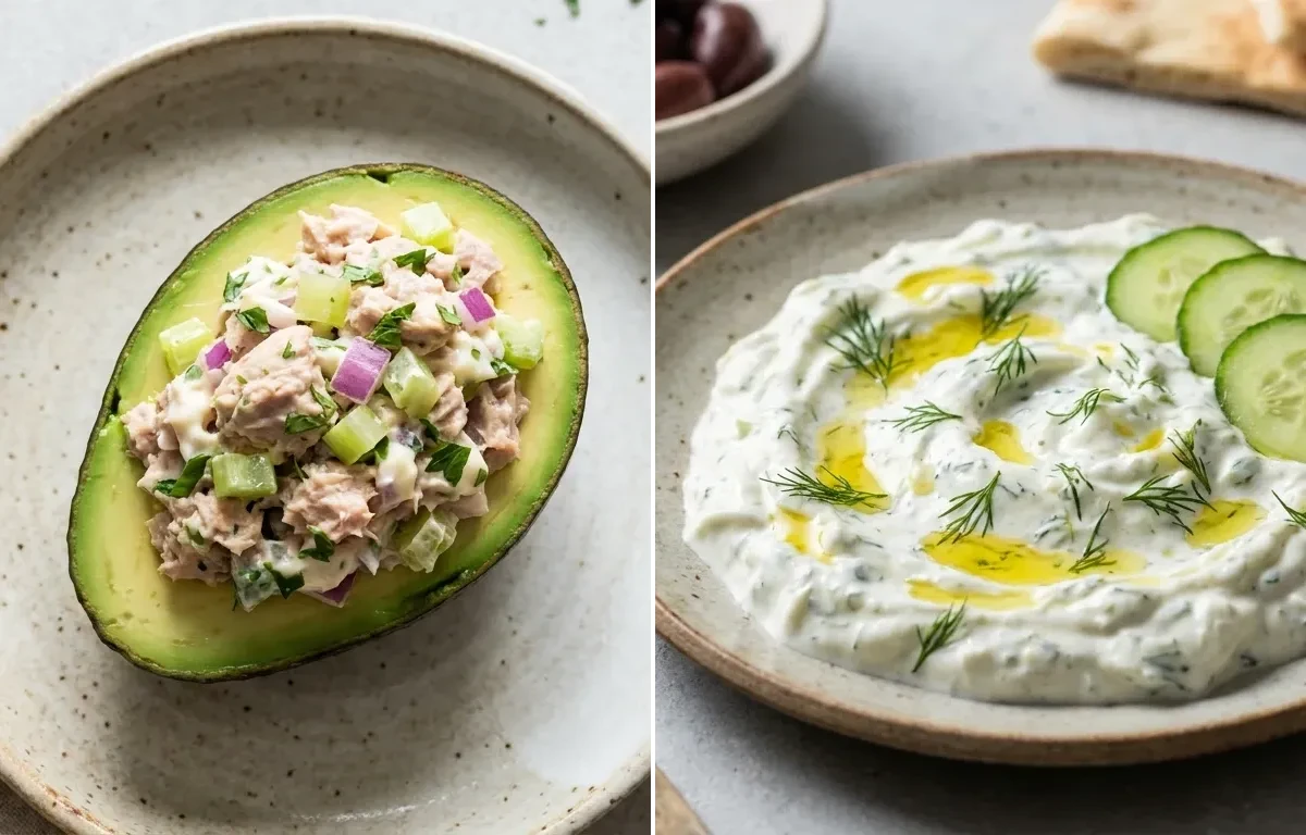 Keto Tuna Salad In Avocado Boat with Bell Pepper Strips, Cooked White Rice Half Cup and Tzatziki Sauce