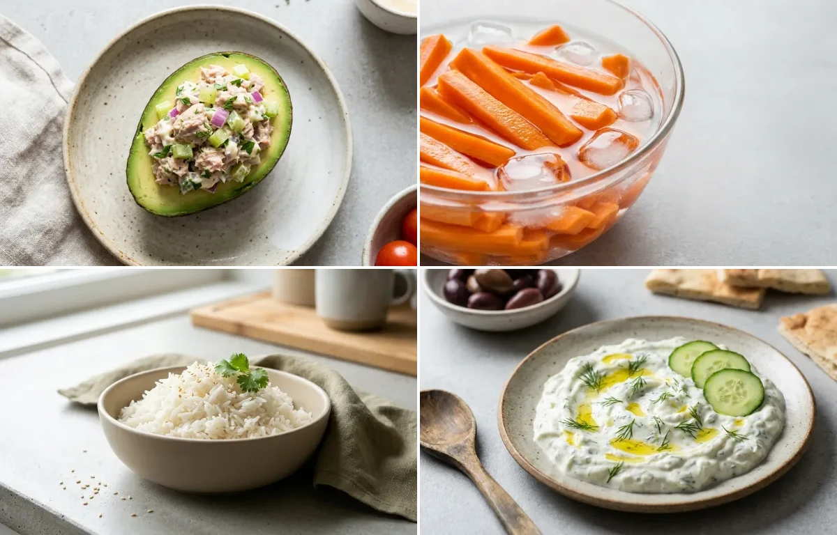 Keto Tuna Salad In Avocado Boat with Carrot Sticks, Cooked White Rice Half Cup and Tzatziki Sauce