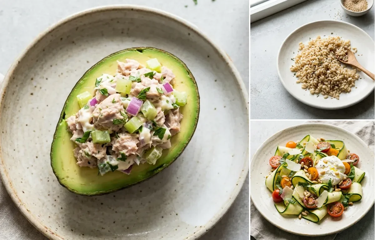 Keto Tuna Salad In Avocado Boat with Cooked Steamed White Rice Half Cup and Zucchini Ribbon Salad