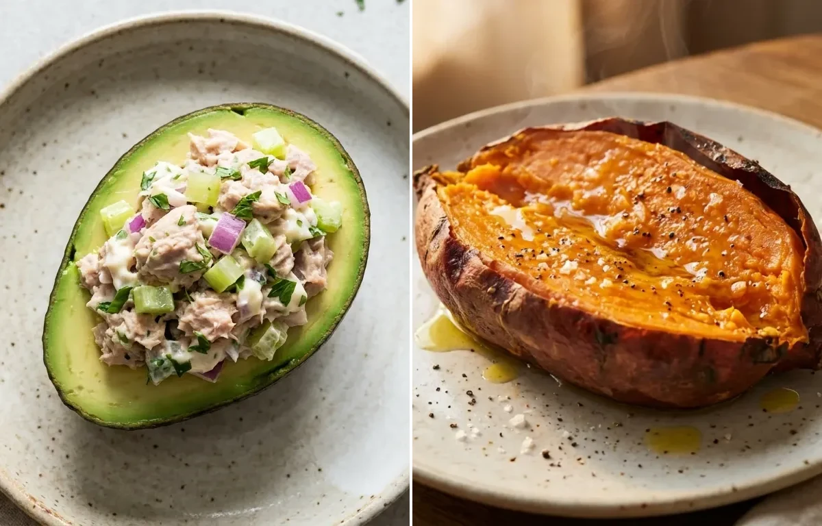 Keto Tuna Salad In Avocado Boat with Cooked Brown Rice Half Cup, Baked Sweet Potato and Orange Segments