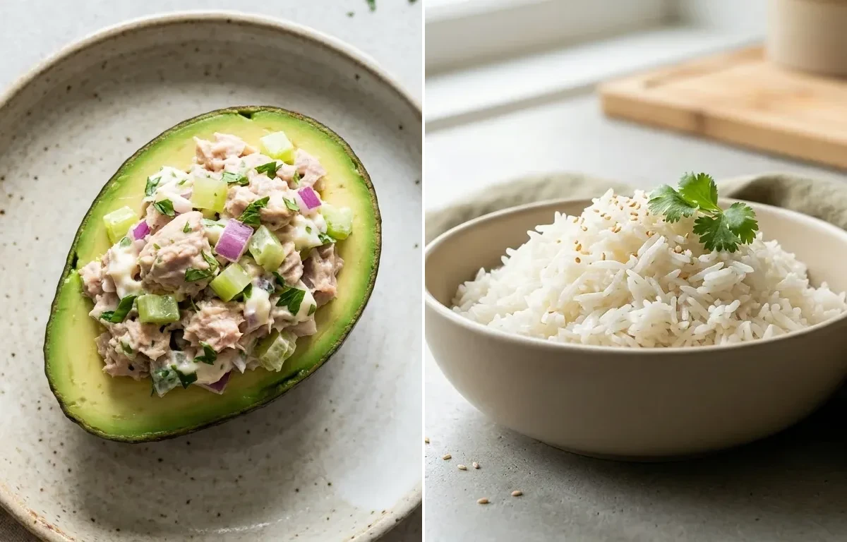 Keto Tuna Salad In Avocado Boat with Cooked White Rice Half Cup and Vegan CKD Cucumber Carrot Sticks