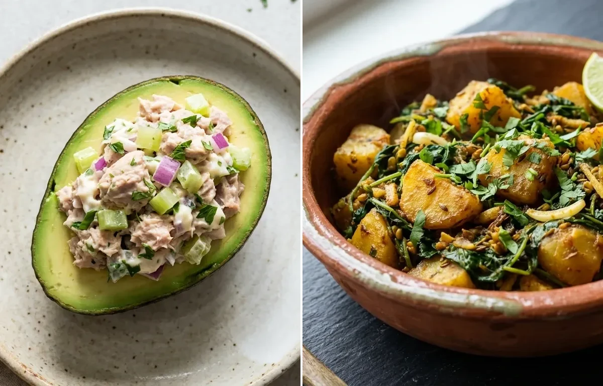 Keto Tuna Salad In Avocado Boat with One Chapati and Aloo Methi