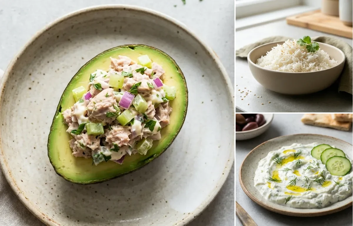 Keto Tuna Salad In Avocado Boat with Steamed Broccoli Cup, Cooked White Rice Half Cup and Tzatziki Sauce