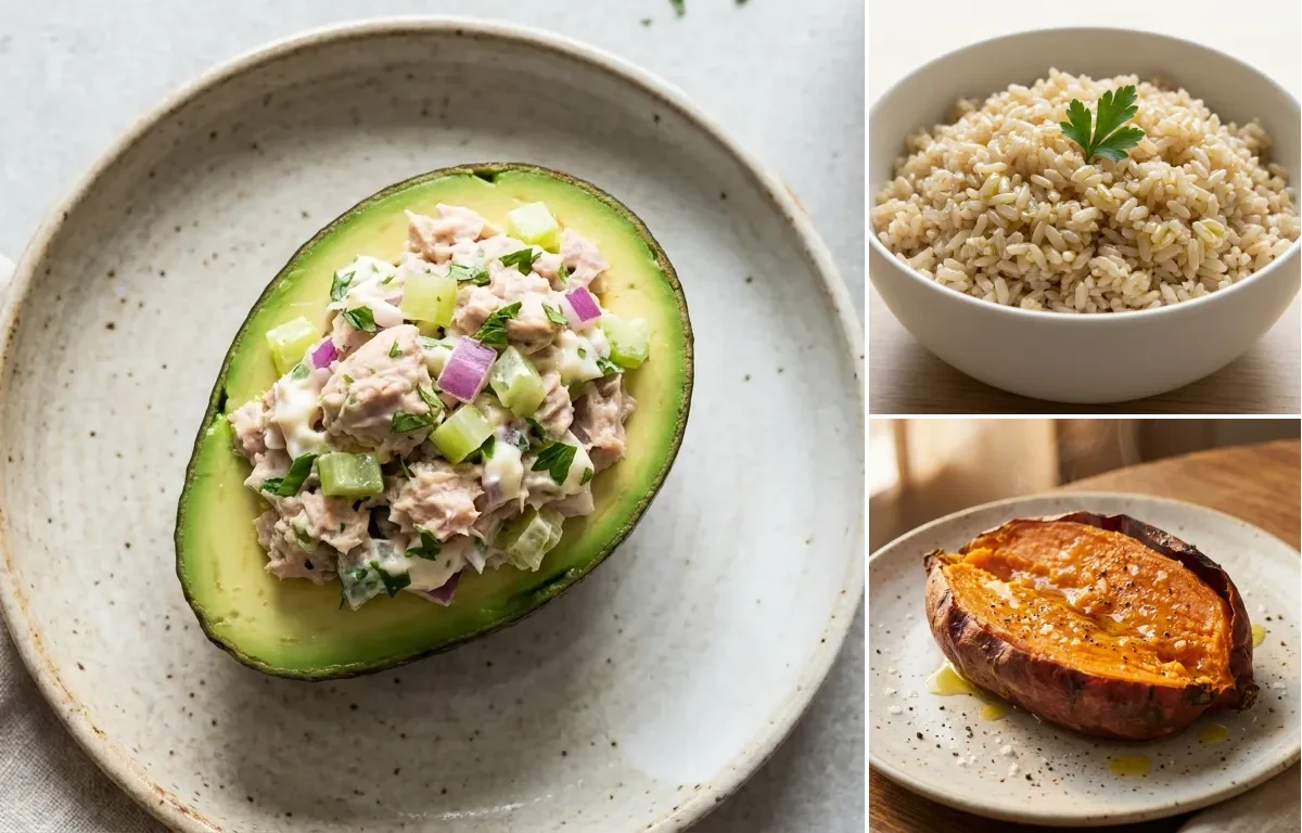 Keto Tuna Salad In Avocado Boat with Steamed Brown Rice and Baked Sweet Potato