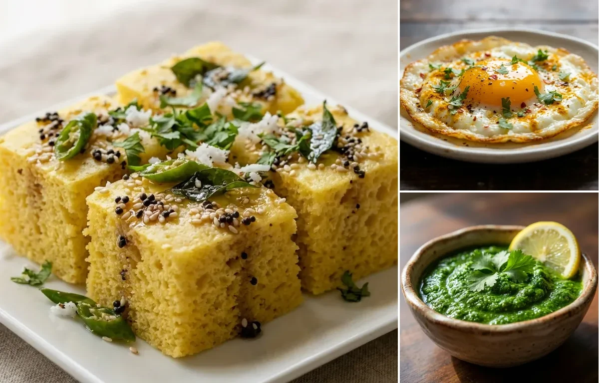 Khaman Dhokla with Fried Egg and Coriander Chutney