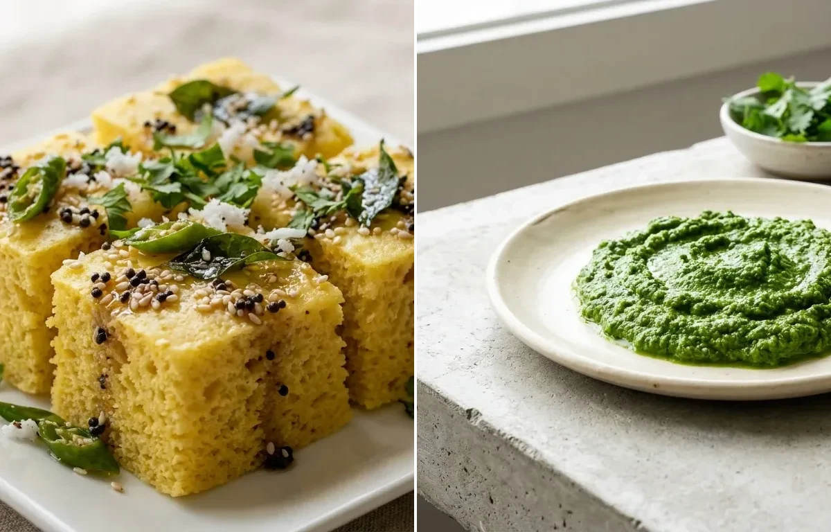 Khaman Dhokla with Cilantro-Mint Green Chutney