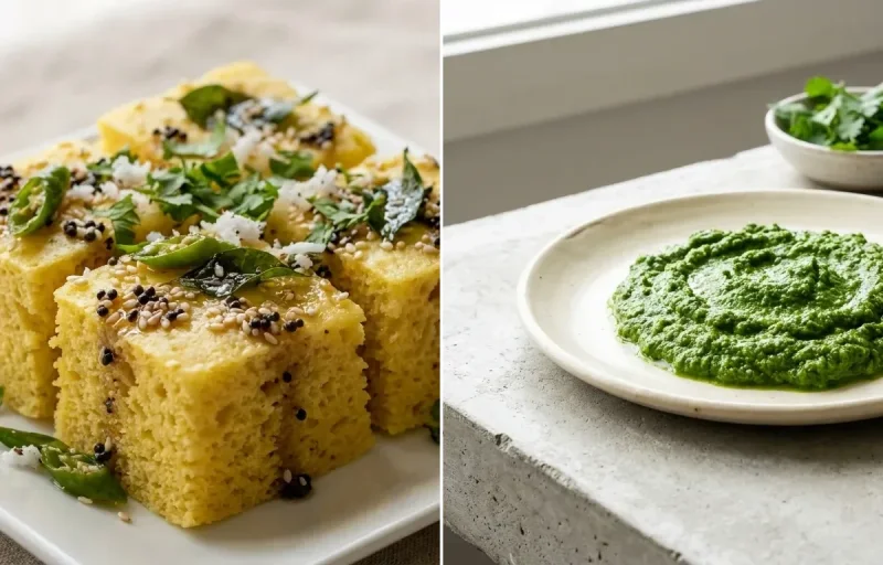 Khaman Dhokla with Cilantro-Mint Green Chutney