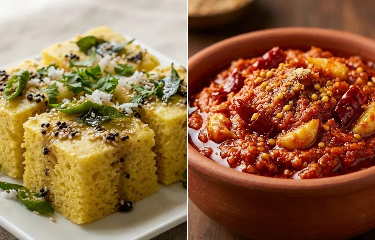 Khaman Dhokla with Garlic Chutney, Boiled Eggs Plate and Cucumber Chaat