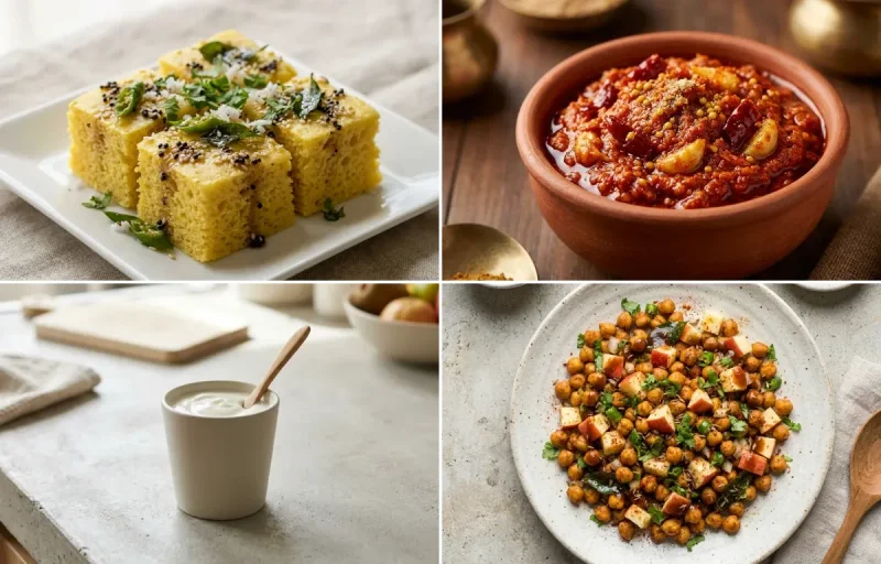 Khaman Dhokla with Garlic Chutney, Egg White Scramble, Plain Yogurt Cup and Roasted Chana With Apple